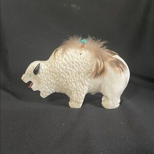 Carved Stone Buffalo Figurine with Feather Detail